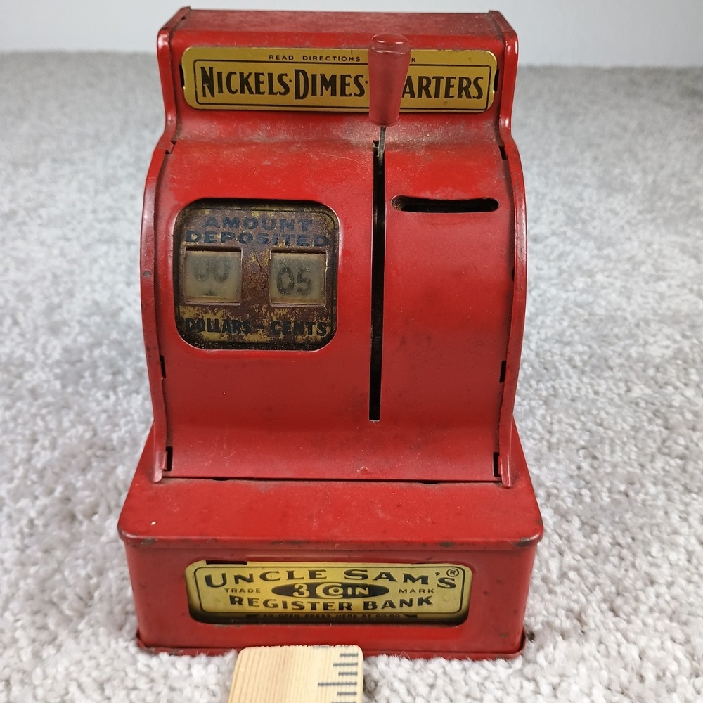 Vintage 1960s Uncle Sam's 3 Coin Register Bank Red‎ Metal Cash Register Works